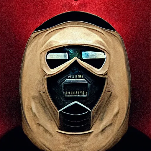 Image similar to portrait of mf doom, dr. doom metal steel mask, dark skin underneath. red t - shirt, beige complex background, intricate, elegant, highly detailed, digital painting, artstation, concept art, smooth, sharp focus, illustration, by anato finnstark, boissb - blanca. j, cindy avelino, clint cearley, anna podedworna