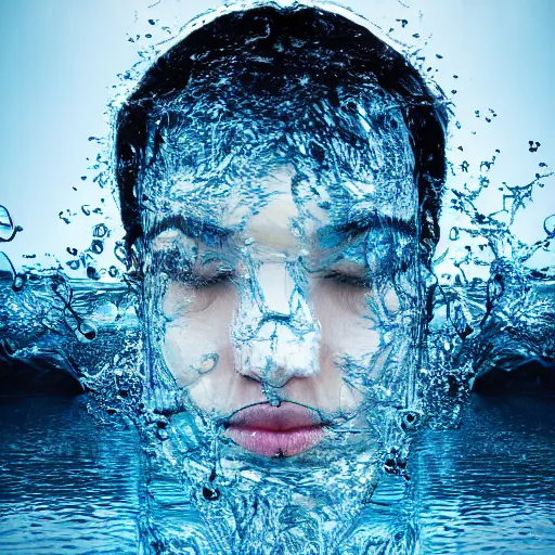 Prompt: water artwork manipulation in a shape of a human head,, ray tracing, sharp focus, realistic water, long shot