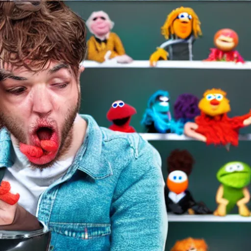 Image similar to a human man eating a muppet