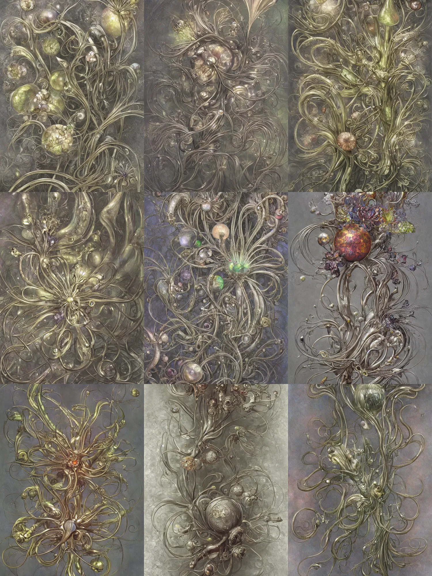 Prompt: a painting of a metallic flower on a gray background, an airbrush painting by Earnst Haeckel and Louis Comfort Tiffany and H R Giger, trending on zbrush central, cloisonnism, high detail, detailed painting, biomorphic, bubbles, exotic, alien hybrids.