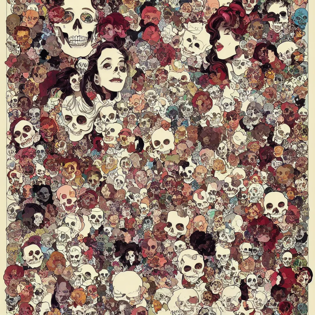 Image similar to manga skull portrait girl female skeleton marilyn monroe realism hyperrealistic art Geof Darrow and will cotton alphonse mucha pop art nouveau