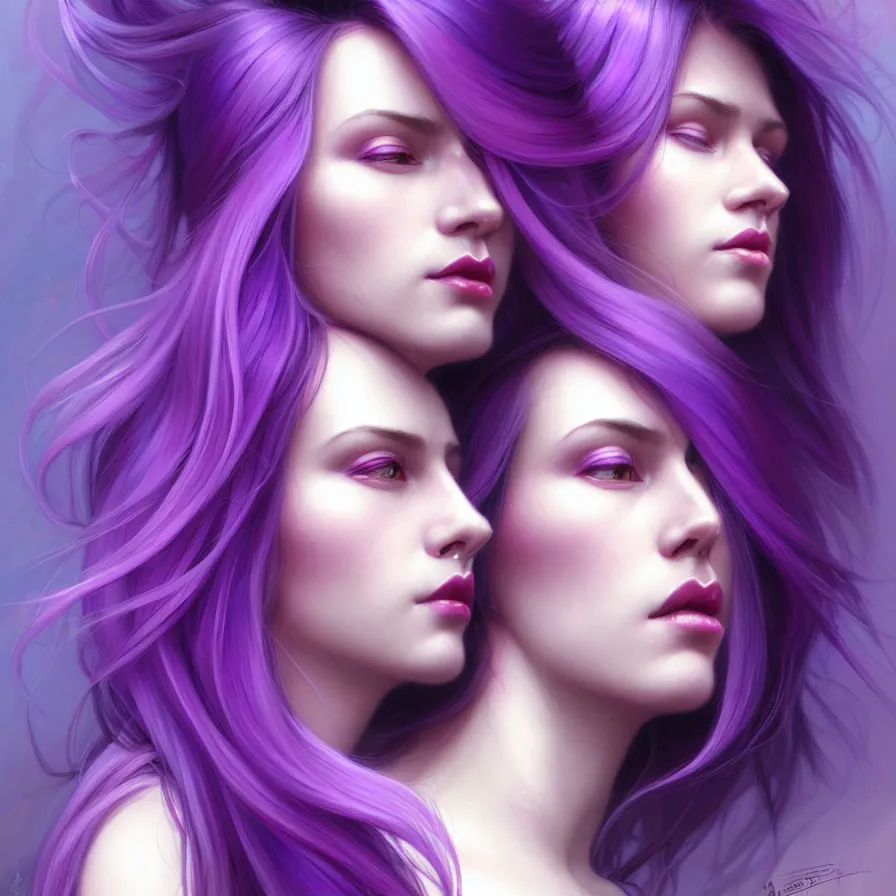 Image similar to Purple hair relistic Portrait of a two woman with bright colored flying hair, all shades of purple. Beauty face, Hair coloring, fantasy, intricate, elegant, highly detailed, digital painting, artstation, concept art, smooth, sharp focus, illustration, art by artgerm and greg rutkowski and alphonse mucha