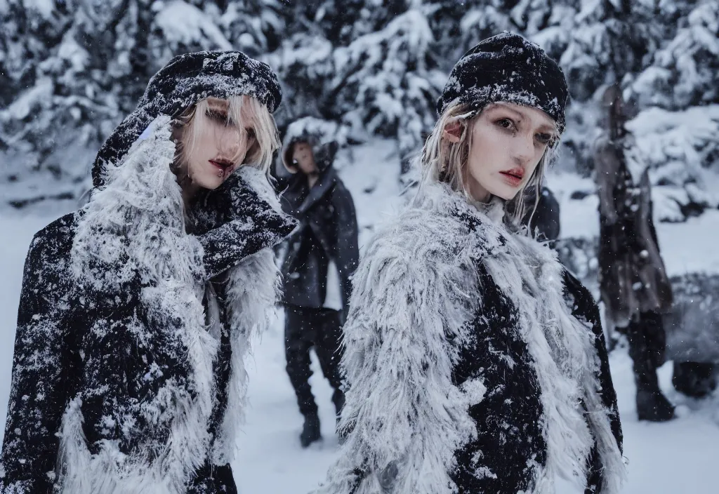 Image similar to fashion editorial in snow avalanche. highly detailed. depth of field. high definition. 8k. photography.