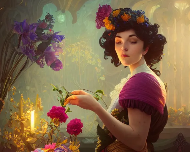 Image similar to a florist, photography of kurzgesagt, deep focus, d & d, fantasy, intricate, elegant, highly detailed, digital painting, artstation, concept art, matte, sharp focus, illustration, hearthstone, art by artgerm and greg rutkowski and alphonse mucha