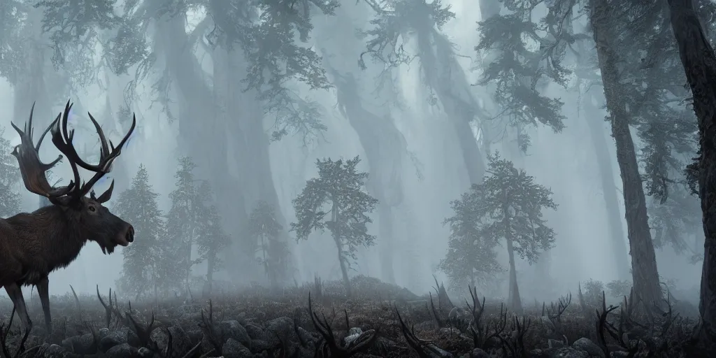 Prompt: leshen with deer skull head, and moose horns, ram skulls, grand imposing powerful sculpture. swirls of mist. occult photorealism, uhd, amazing depth, volumetric lighting, cinematic lighting. epic landscape.