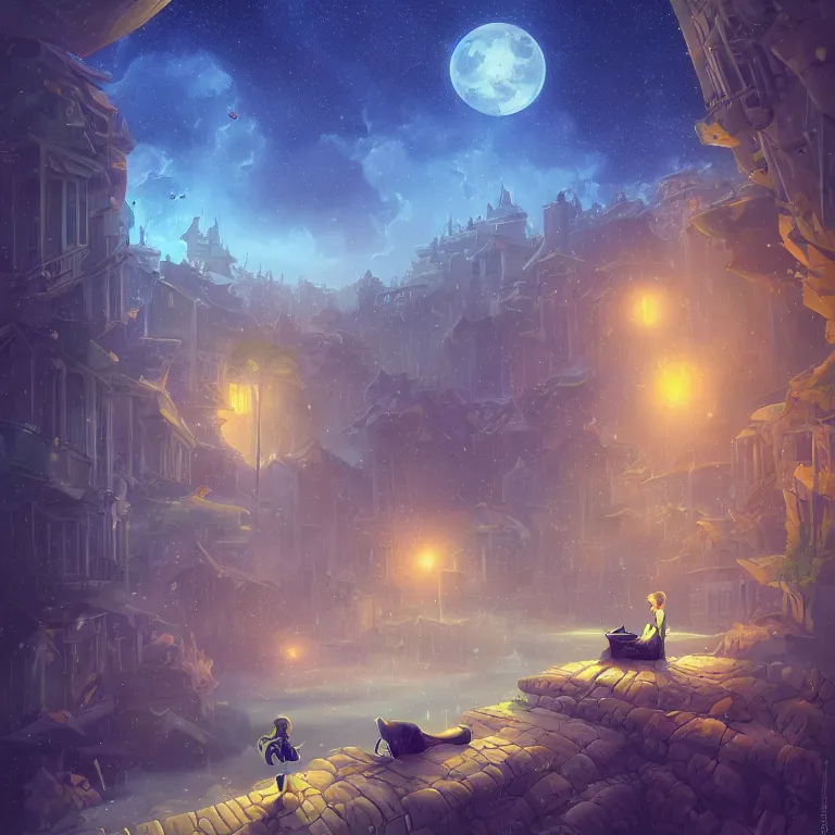 Prompt: A beautiful ultra detailed matte painting Moonlight Sonata, vivid colors, by Cyril Rolando, David Wiesner, unreal engine, featured on artstation