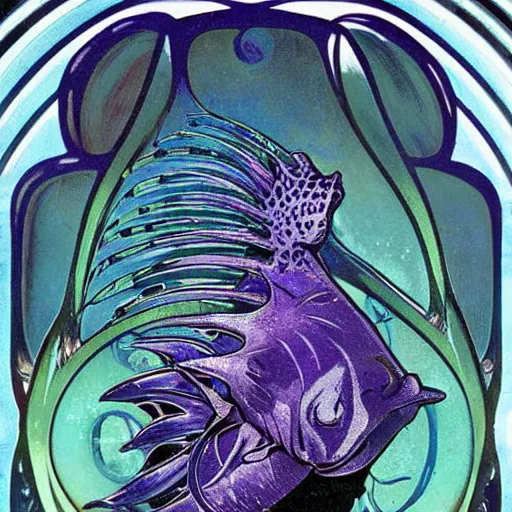 Image similar to a single fantasy deep sea fish that is heavily armored, with disproportionately huge wide spined pectoral fins, six large black eyes, and complex markings it is swimming in a purple deep landscape with jagged rocks by alphonse mucha and brian froud
