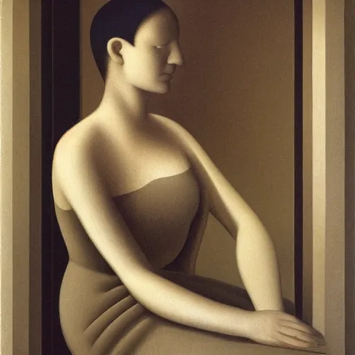 Image similar to dismal, realist contre jour by kay sage. a land art of a beautiful young woman seated at a window, looking out at the viewer with a serene expression on her face. the light from the window illuminates her features & creates a warm, inviting atmosphere. the essence of beauty & tranquility.