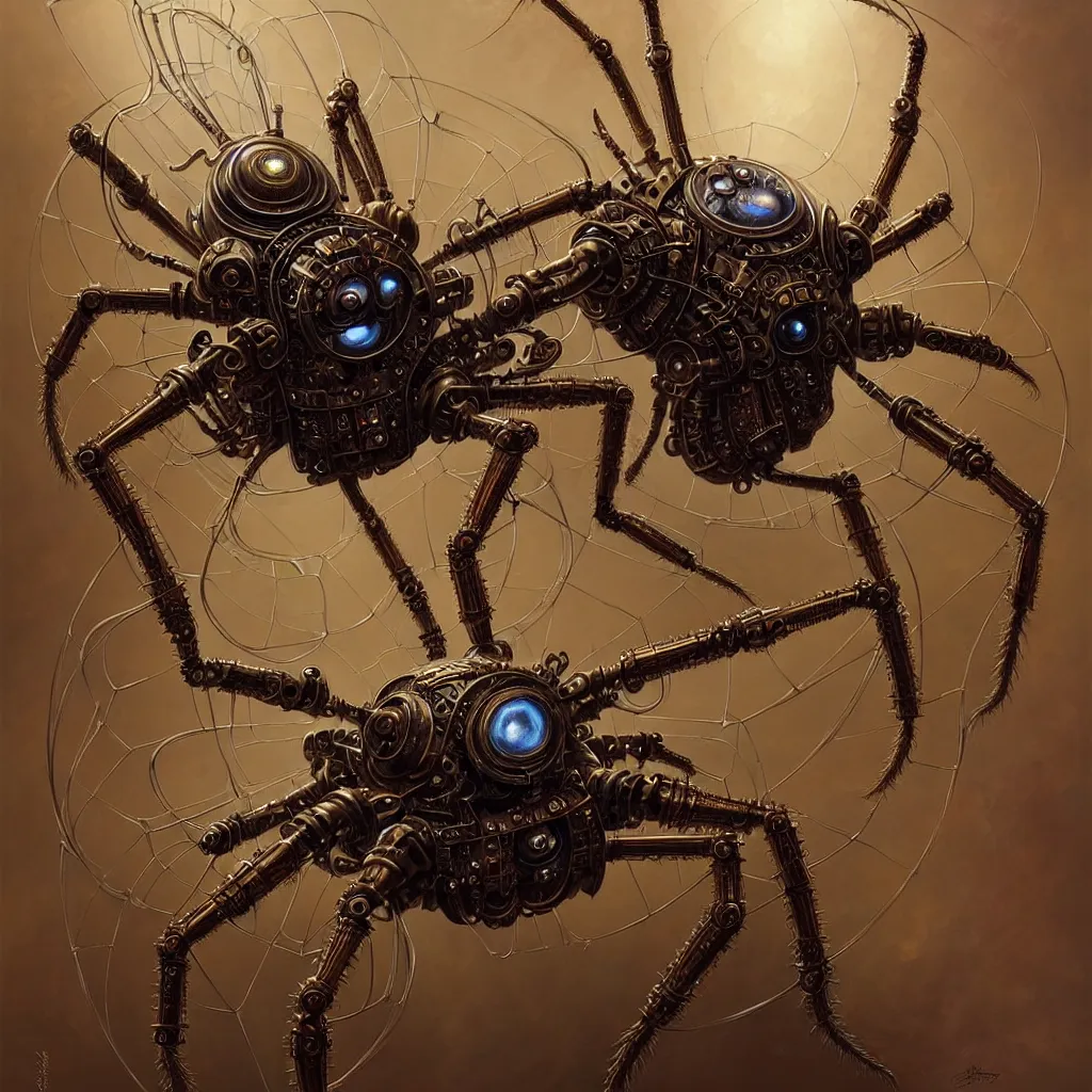 Image similar to portrait shot of a steampunk robot spider, intricate, elegant, highly detailed, centered, digital painting, artstation, concept art, smooth, sharp focus, illustration, artgerm, tomasz alen kopera, peter mohrbacher, donato giancola, joseph christian leyendecker, wlop, boris vallejo