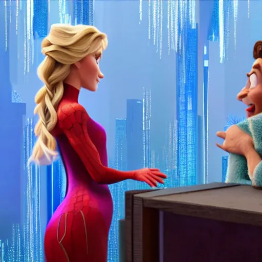 Image similar to spiderman and pregnant princess elsa talking in the livingroom, into the spiderverse cinematic render, ( 2 0 1 8 ) sony animation official media, clear details, award winning, blue gown, third trimester