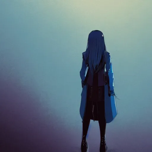 Prompt: low - angle shot from behind of a girl with light blue straight hair in a blue tailcoat, combat boots, noir, sharp focus, intricate, illustration, cell shaded, color block, digital painting, highly detailed, art by greg rutkowski, studio quality, makoto shinkai, james jean