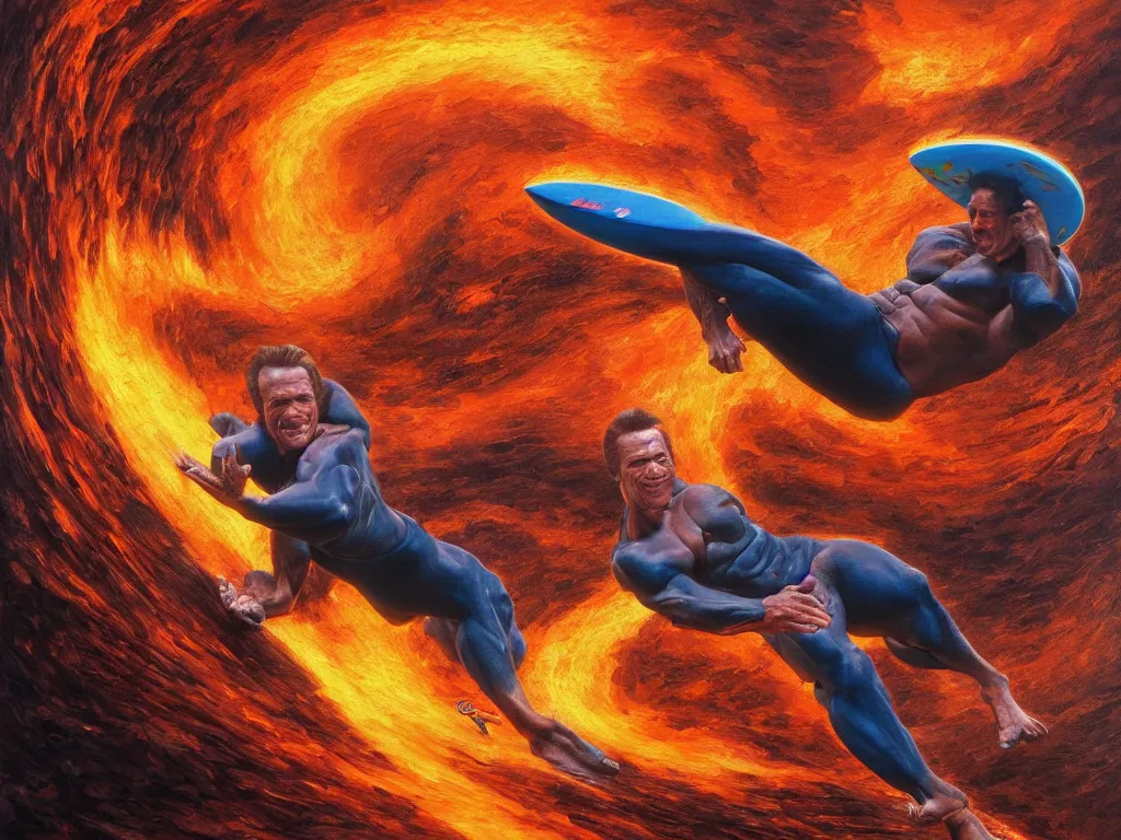 Prompt: detailed portrait of an arnold schwarzenegger surfing on lava wave by boris vallejo, stunning scene, 8 k, digital painting, hyperrealism, bright colors, trending on artstation