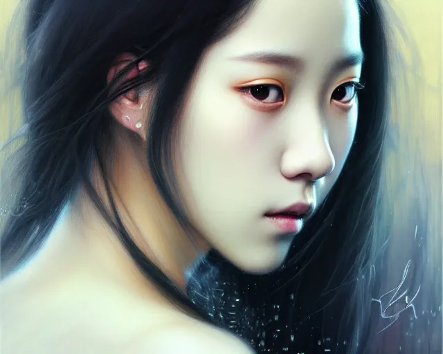 Image similar to jisoo from blackpink, portrait, highly detailed, deep focus, elegant, digital painting, smooth, sharp focus, illustration, ultra realistic, 8 k, art by karol bak and agnes cecile