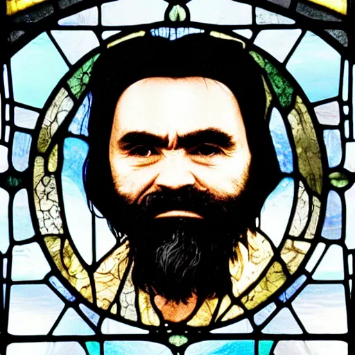 Prompt: charles manson on a realitic stained glass window