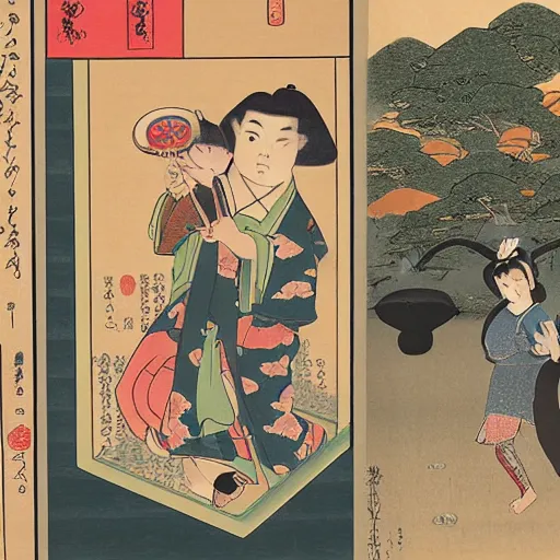 Prompt: portrait of real girl dora the explorer and boot the monkey ukiyo-e highly detailed