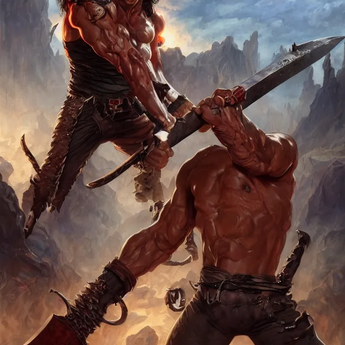 Prompt: Ash Williams from The evil dead, manowar album, Muscular man, striking demon with large barbarian sword, blood, artstation, concept art, smooth, sharp focus, highly detailed, illustration, art by artgerm and greg rutkowski and alphonse mucha