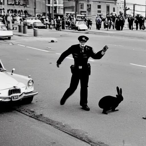 Prompt: a young man throwing a rabbit at a cop, leica m 9, voigtlander 3 5 mm, 1 9 6 0 s