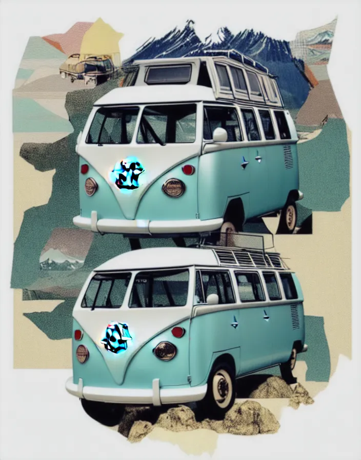 Image similar to front view vw camper touring rural japan, a collage painting, in the style of wes anderson, lola dupre, david hockney, isolated on negative white space background dark monochrome fluorescent spraypaint accents volumetric octane render, no double subject