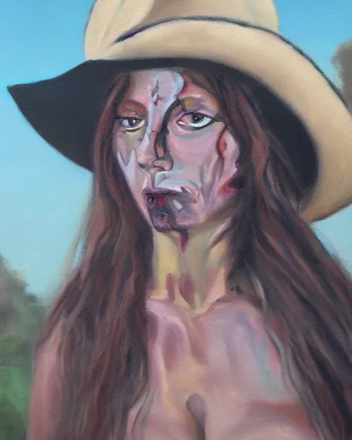 Prompt: scarred cowgirl, oil painting