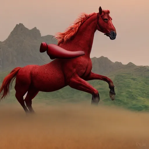 Image similar to Red ogre riding a horse, realistic, HD,