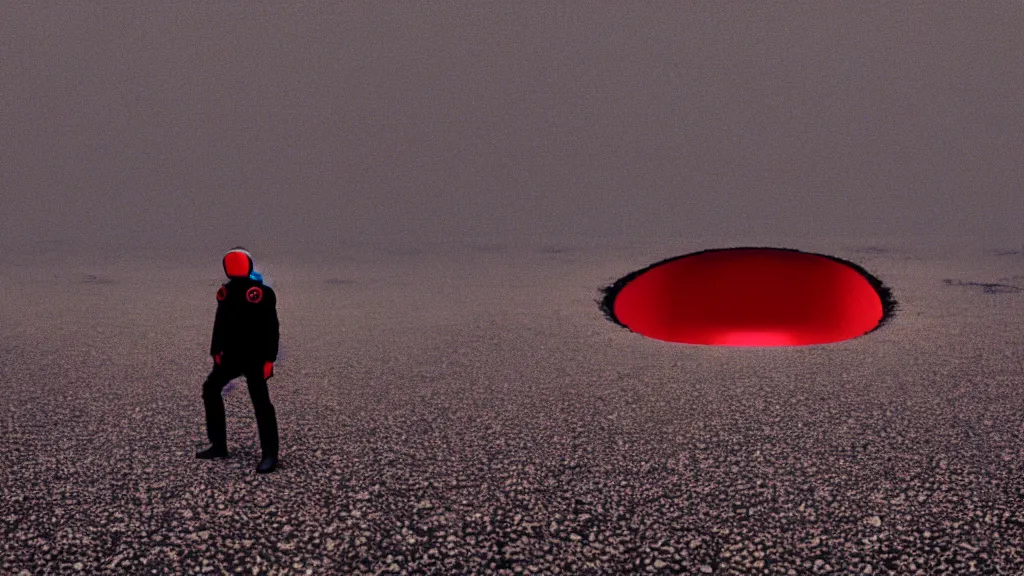 Image similar to a warped tunnel of irregular red and black checkerboard pattern swallows a lone spaceman, film still from the movie directed by Denis Villeneuve with art direction by Zdzisław Beksiński, wide lens