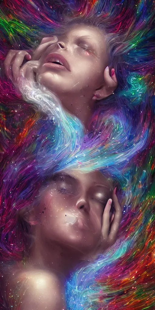 Prompt: insanely surreal dynamic digital painting of god grieving cosmic tears, hyper detailed by random artists, beautiful, transient, elegant, transcendental, sad, photorealistic, cinematic