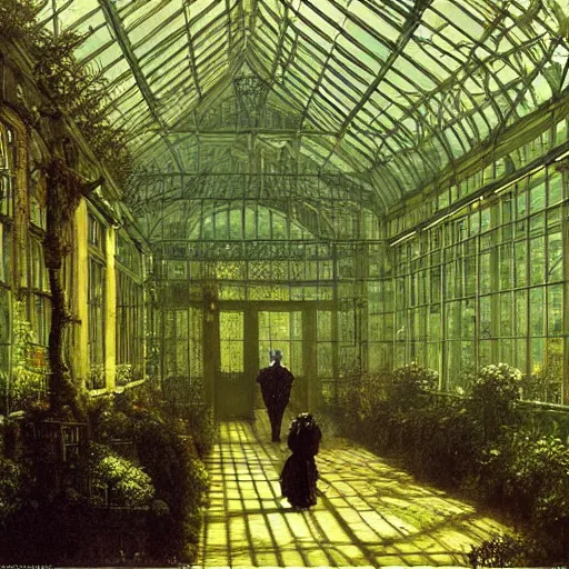 Image similar to a beautiful painting of a large overgrown victorian greenhouse with an eerie green translucent ghost and with large windows, warm lights, evening, stunningly beautiful architecture, by john atkinson grimshaw