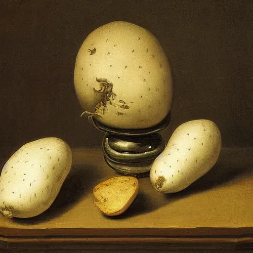 Prompt: vanitas painting of a solitaire potato contemplating it's life thus far, oil on cavnas by Pieter Claesz