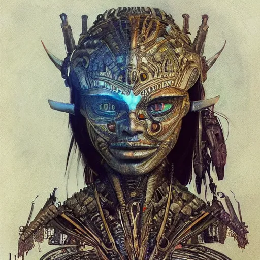 Image similar to An Alien Robot Mayan Ruler, facial tattoos, artists portrait, biomechanical, wild jungle, fantasy, highly detailed, digital painting, concept art, sharp focus, depth of field blur, illustration, art by artgerm and greg rutkowski and alphonse mucha