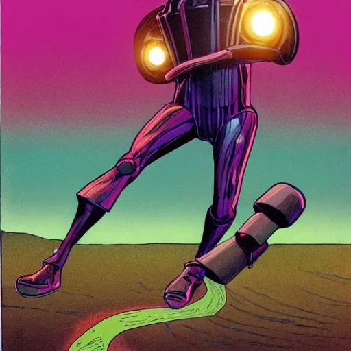 Prompt: human in suit with conic helmet and jetpacks attached to arms and legs, against dark background, fluid, smooth, organic, crazy, high contrast, sharpness, dramatic, by siudmak and richard corben and moebius