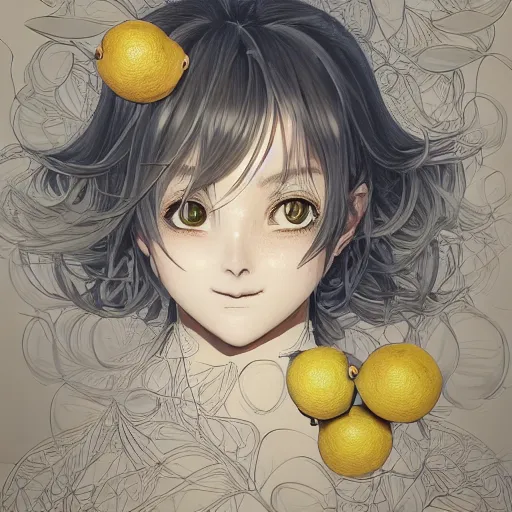 Image similar to the portrait of an absurdly beautiful, graceful, elegant, sophisticated, young teen anime girl made up of lemons looking up, an ultrafine hyperdetailed illustration by kim jung gi, irakli nadar, intricate linework, bright colors, octopath traveler, final fantasy, unreal engine 5 highly rendered, global illumination, radiant light, detailed and intricate environment
