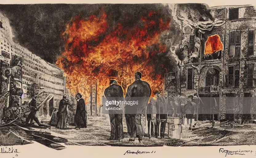 Prompt: A reporter interviewing somebody in front of a burning building , surrealism , involving , intricate