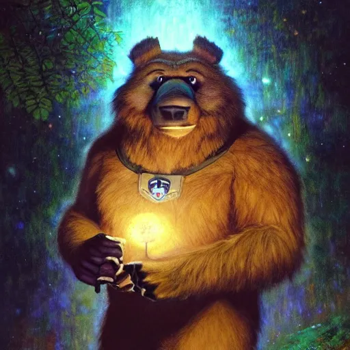 Image similar to a portrait of a male manbearpig in starfleet uniform at night in a dark forest. zootopia fursona furaffinity furry art detailed face painting by gaston bussiere craig mullins jc leyendecker gustav klimt artgerm greg rutkowski furry