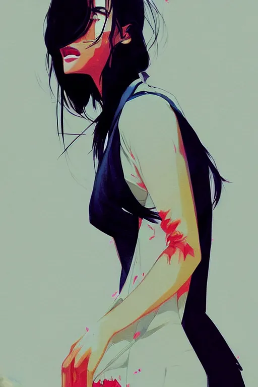 Image similar to a ultradetailed beautiful panting of a stylish woman wearing a shirt with a tie, she has black hair, by conrad roset, greg rutkowski and makoto shinkai, trending on artstation