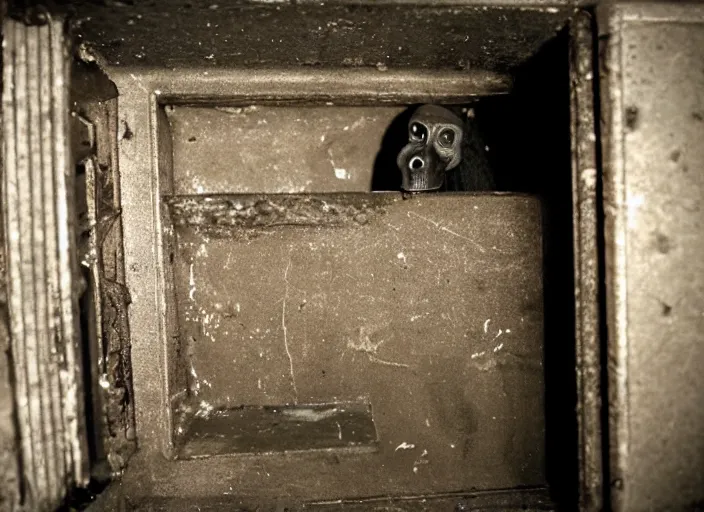 Image similar to scarry ape inside fuse box in post communist apartment building