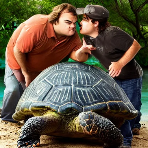 Prompt: jack black kissing a giant turtle, national geographic photo, 8 k