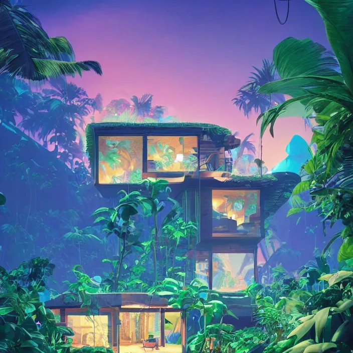 Image similar to a luminescent tropical cottage by paolo eleuteri serpieri and tomer hanuka and chesley bonestell and daniel merriam and tomokazu matsuyama, unreal engine, high resolution render, featured on artstation, octane, 8 k, highly intricate details, vivid colors, vector illustration