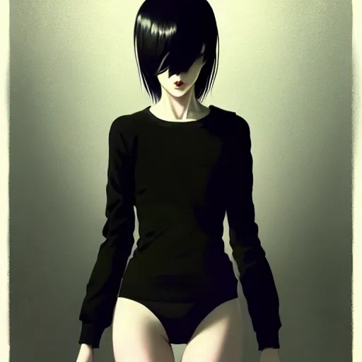 Image similar to a beautiful slim shy goth girl ignores you, art by ilya kuvshinov and lois van baarle and ross tran and range murata and artgerm and andy warhol, norman rockwell, digital art, highly detailed, profile picture, intricate, sharp focus, mystical trending on artstation hq, deviantart, pinterest, unreal engine 5, 4 k uhd image