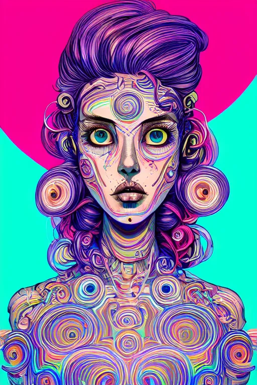 Prompt: a award winning portrait of a beautiful woman with stunning eyes in a one off shoulder croptop and cargo pants with rainbow colored hair, outlined by whirling illuminated neon lines and fine lines swirling in circles by joe fenton, digital art, trending on artstation