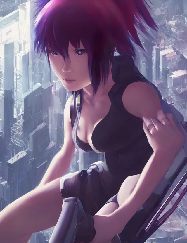 Image similar to a fullbody portrait of motoko kusanagi the major ghost in the shell : : stand alone complex, under repairs, maintenance : : by ilya kuvshinov, rossdraws, artgerm, sola digital arts, anti aliasing, raytracing : :