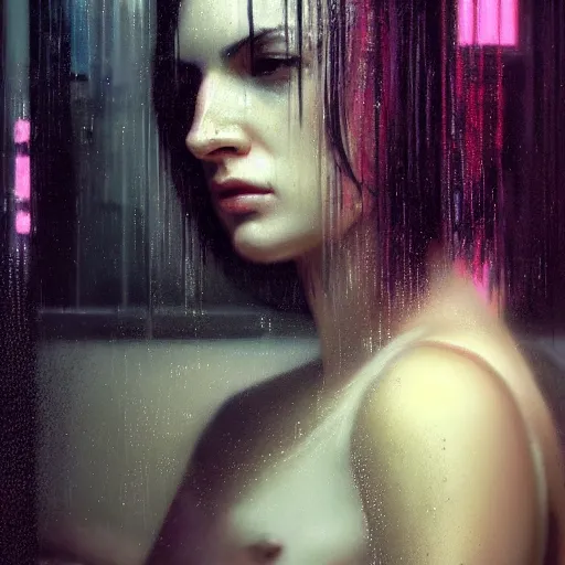 Image similar to detailed portrait of a woman, moment, cyberpunk cloisters, electronic billboards, tech noir, wet reflections, atmospheric, ambient, livia prima, greg rutkowski, edward hopper