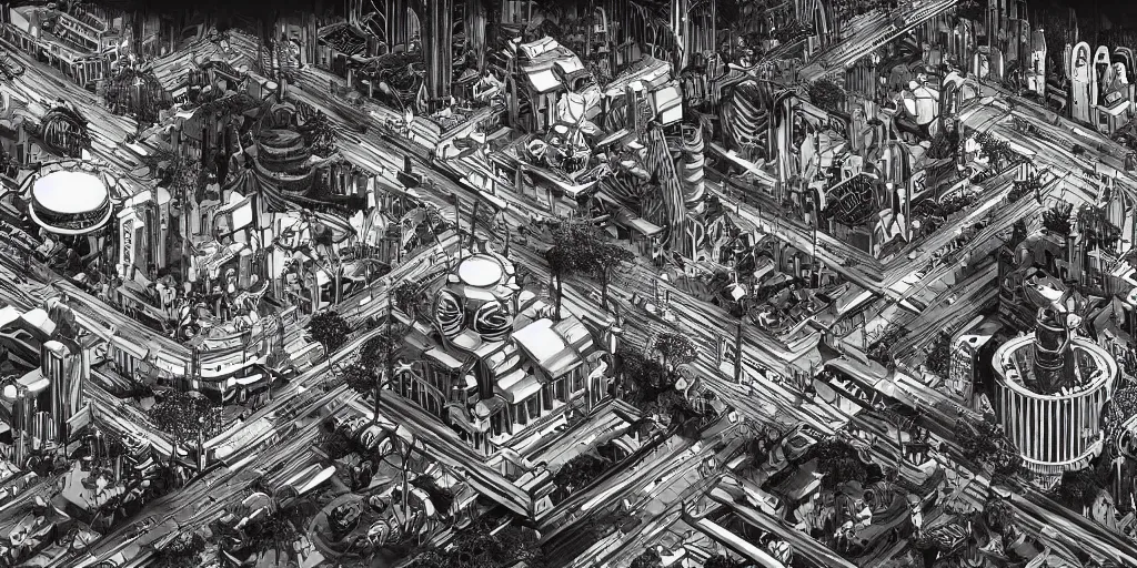 Image similar to cinematic high contrast graphic illustration of hyper detailed highway realistic afro futurist city blocks in a jungle by frank lloyd wright architect, helicopters, wide angle, insanely detailed and intricate