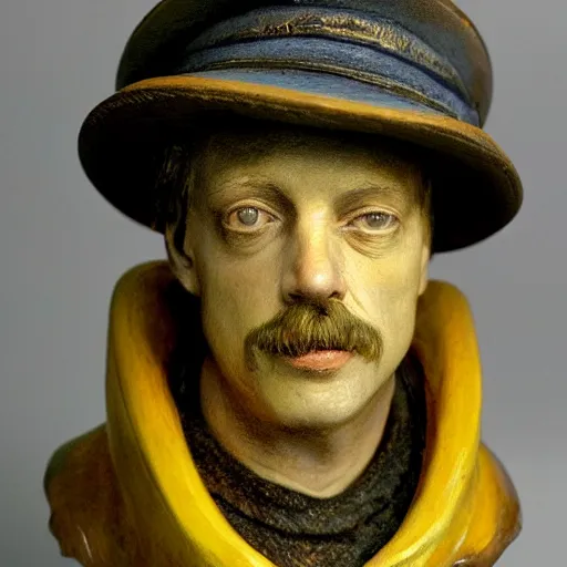 Prompt: hyper realistic closeup bust of a new england fisherman, wearing a yellow fisherman's hat, steve buscemi, painted, colorized, bossons vintage chalkware, by emile renouf