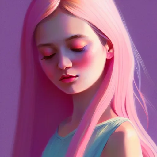 Image similar to young female in summer dress art, pastel light pink long hair, muted colors, matte print, pastel colors, ornate, digital art, digital painting, fan art, elegant, artstation, head is centered, by Ilya Kuvshinov