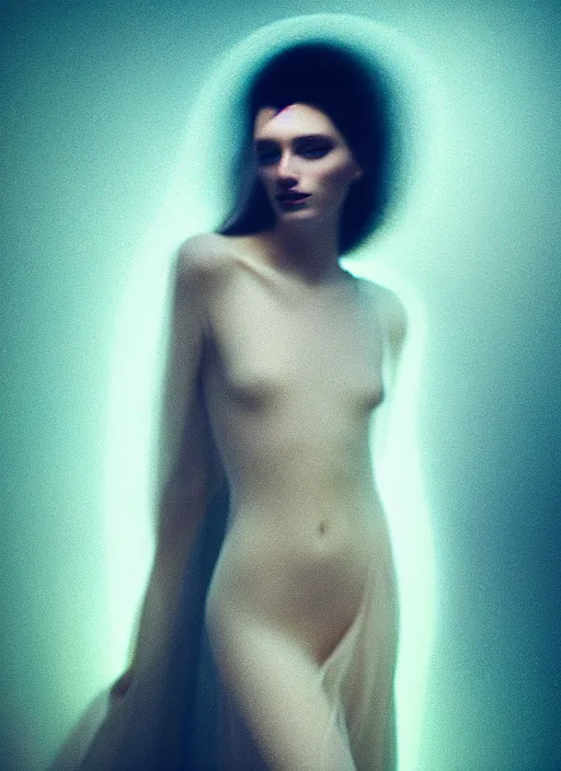 Image similar to kodak portra 4 0 0 photo portrait of a beautiful woman in style of paolo roversi, lightpainting motion blur dressed in long, elegant, soft coloured gel lighting, highly detailed, sharp focus,, octane render, ethereal, out worldly colours, emotionally evoking, head in focus, soft blur coloured gel light dreamy, volumetric lighting unreal engine, epic fantasy