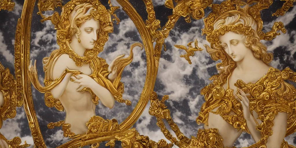 Image similar to saint Woman Venus Athena beautiful gracious baroque marble and gold in space sistina stars clouds