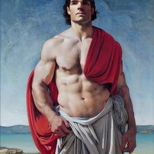 Image similar to Oil painting of the handsome Henry Cavill, he is wearing ancient greek cloths, naturalism, dramatic lighting, high-detailed oil painting by Ilya Repin, Michelangelo da Caravaggio, William Blake, Alex Grey and Beksinski, trending on Artsatio, masterpiece, 4k, 8k,