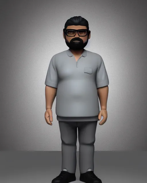 Prompt: full body 3 d render of middle aged indian man, grey! thin beard, small glasses, grey hair, chubby, as a full body funko pop!, studio lighting, grey background, single body, no shadow, blender, trending on artstation, 8 k, highly detailed