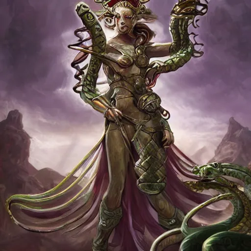 Image similar to torquoise armored medusa holding a spear, snake hair, snake hair, snake hair, medusa, medusa!, pillars background with ruined and statues, fantasy game art, fantasy rpg, league of legends