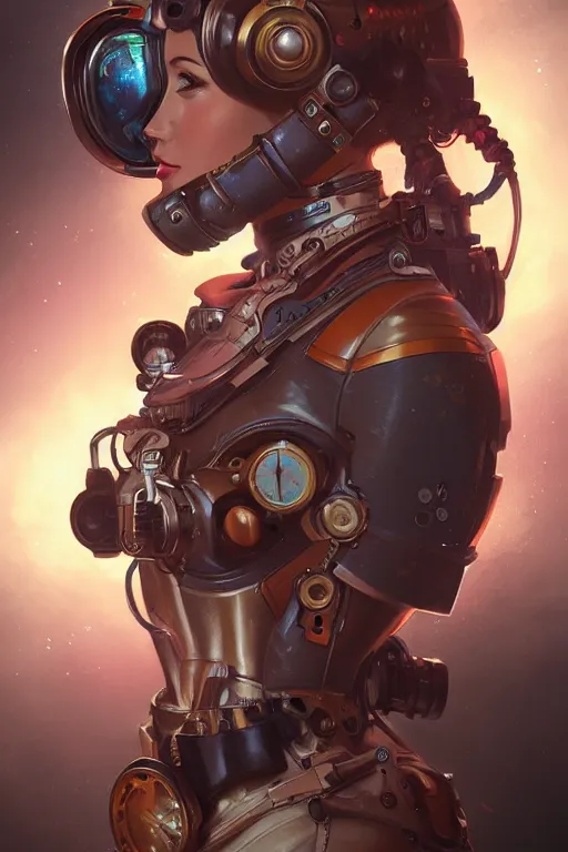 Prompt: portrait of a steampunk cosmonaut girl with mechanical parts by Artgerm and Greg Rutkowski , néon light, digital painting, highly detailed, trending on artstation